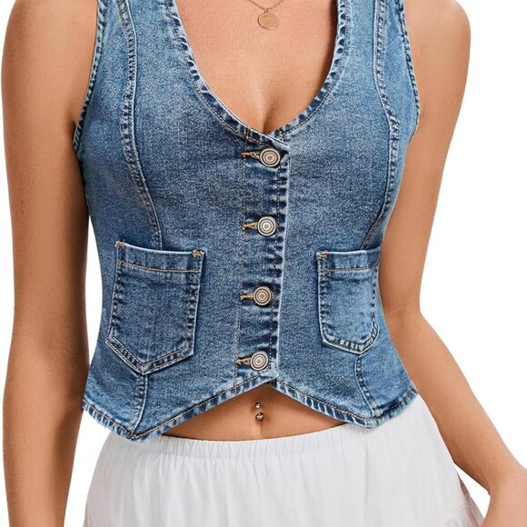 Trendy Women’s Denim Vest with Stretch Fabric and Real Pockets Medium Blue